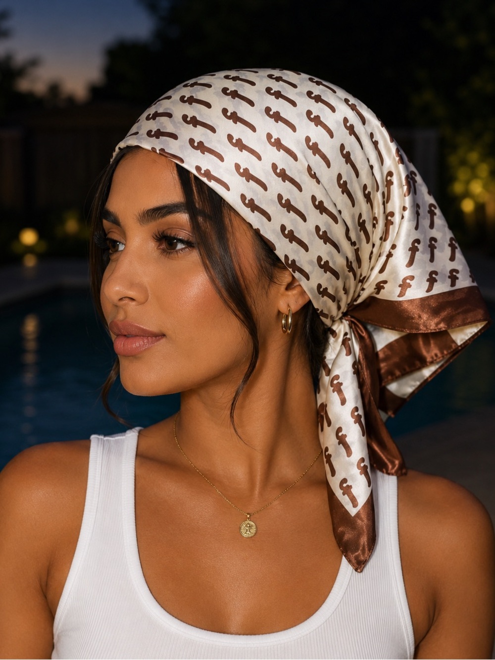 Saks Fifth Avenue Brown & Cream Silk Scarf with Repeat Motif
